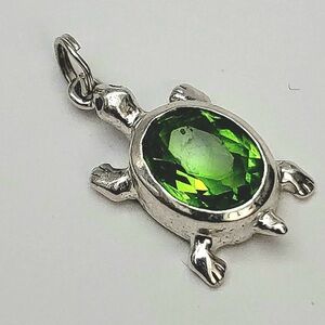 Mini Sized .925 Sterling Silver Turtle Pendant w/Faceted Bezel Set Green Center